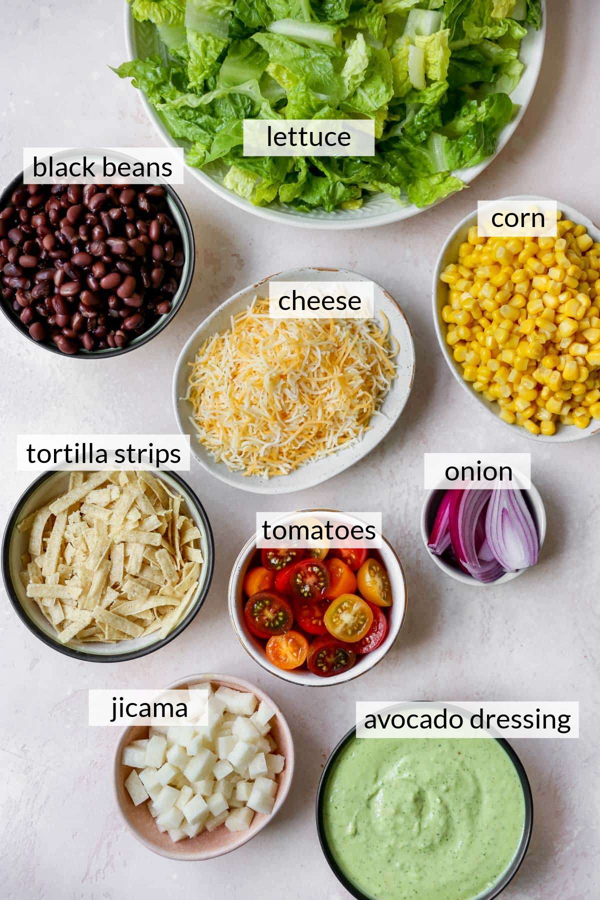Romaine lettuce in a bowl with bowls of cheese, corn, beans, onion and dressing.