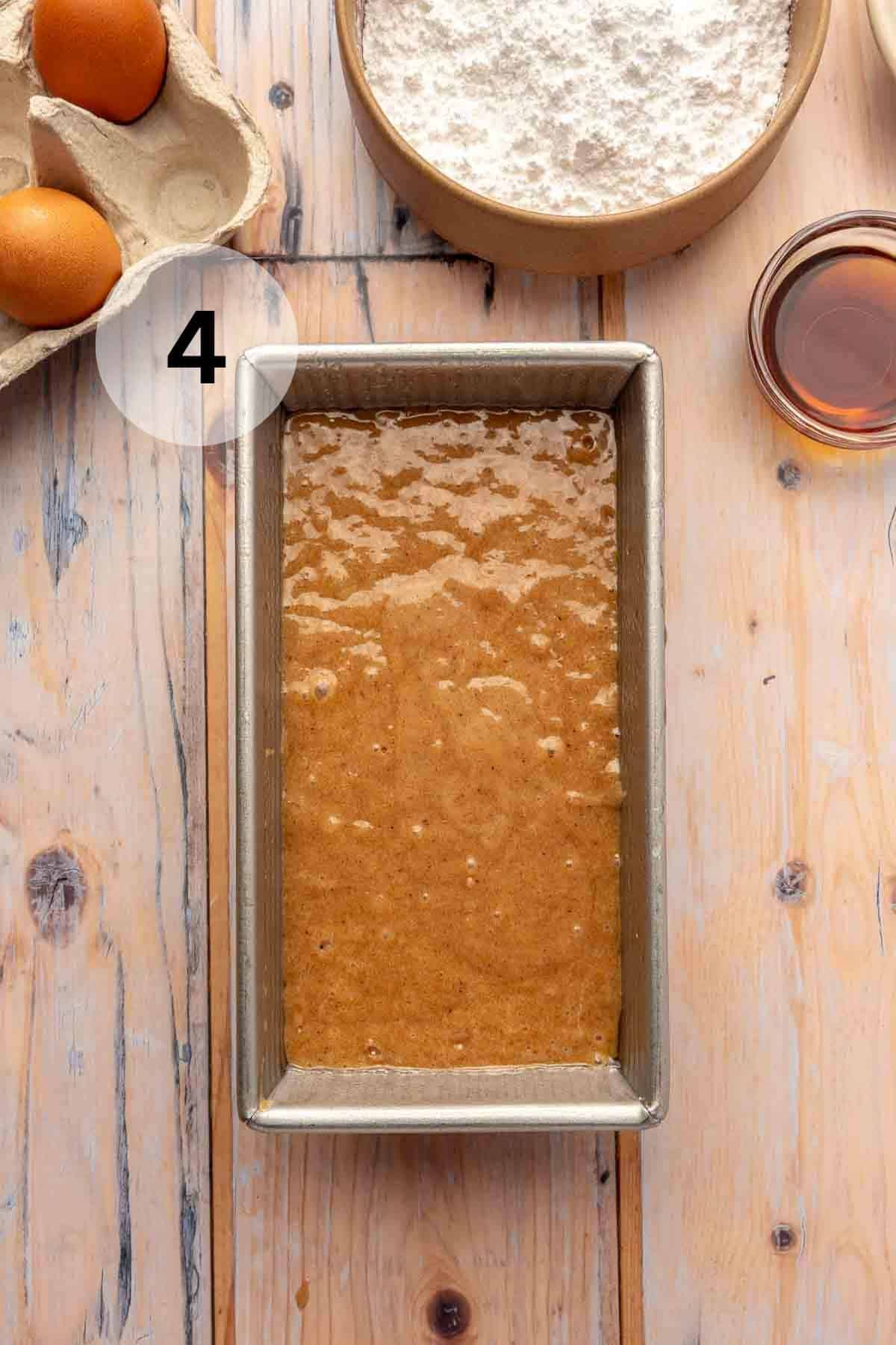 Applesauce bread batter in a loaf pan.