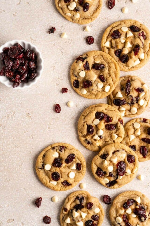 Cookies made with white chocolate and cranberries.