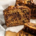 Sliced chocolate chip loaf of bread.