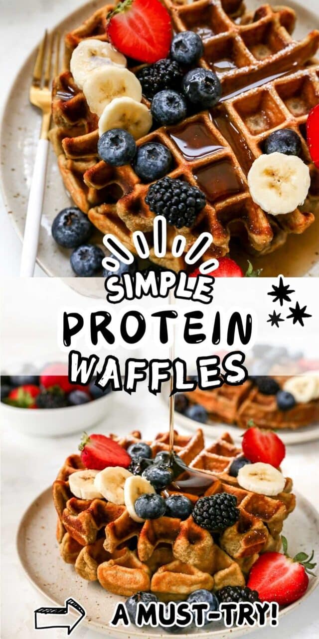 Protein waffles topped with syrup and fruit.