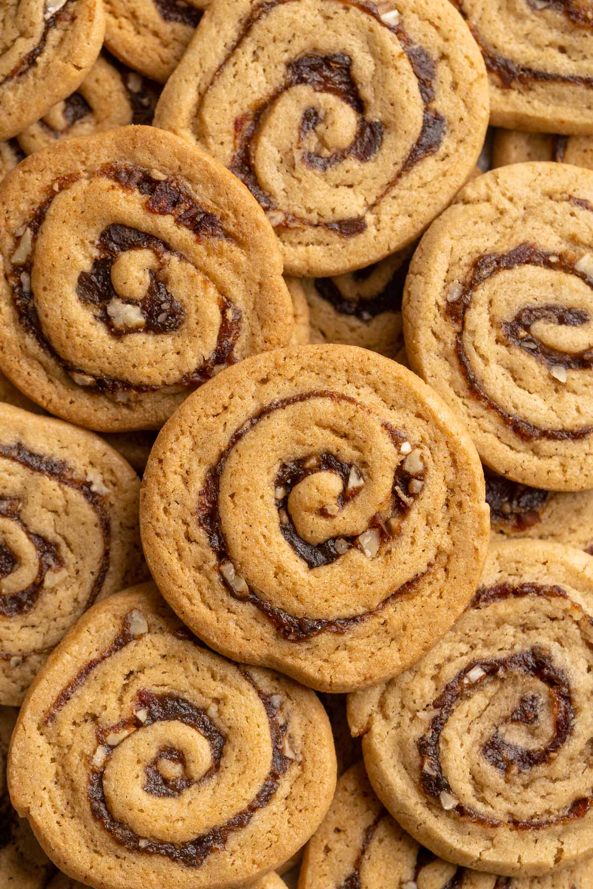 Closeup view of cookies with a date swirl. 