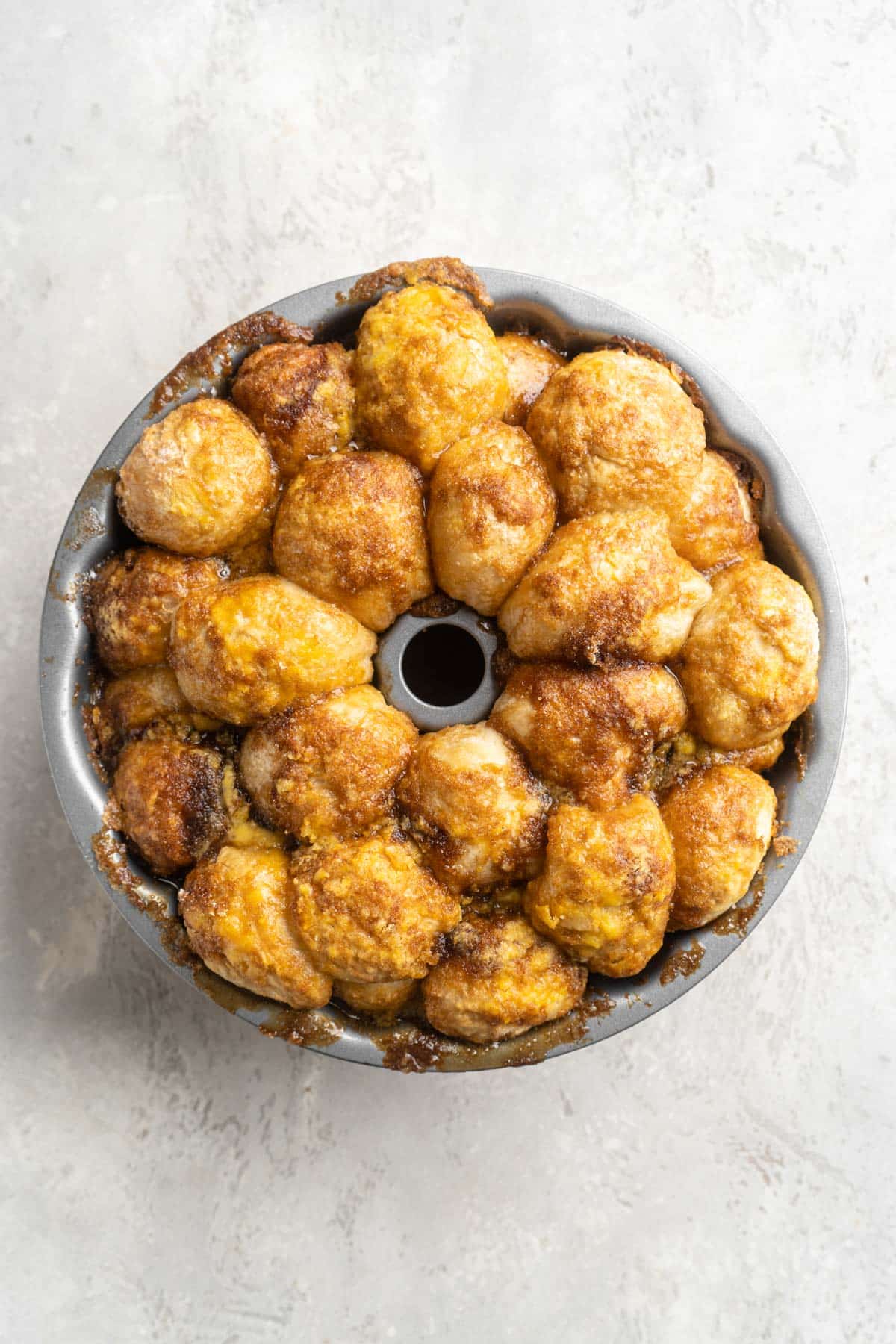 Baked monkey bread in a bundt pan.