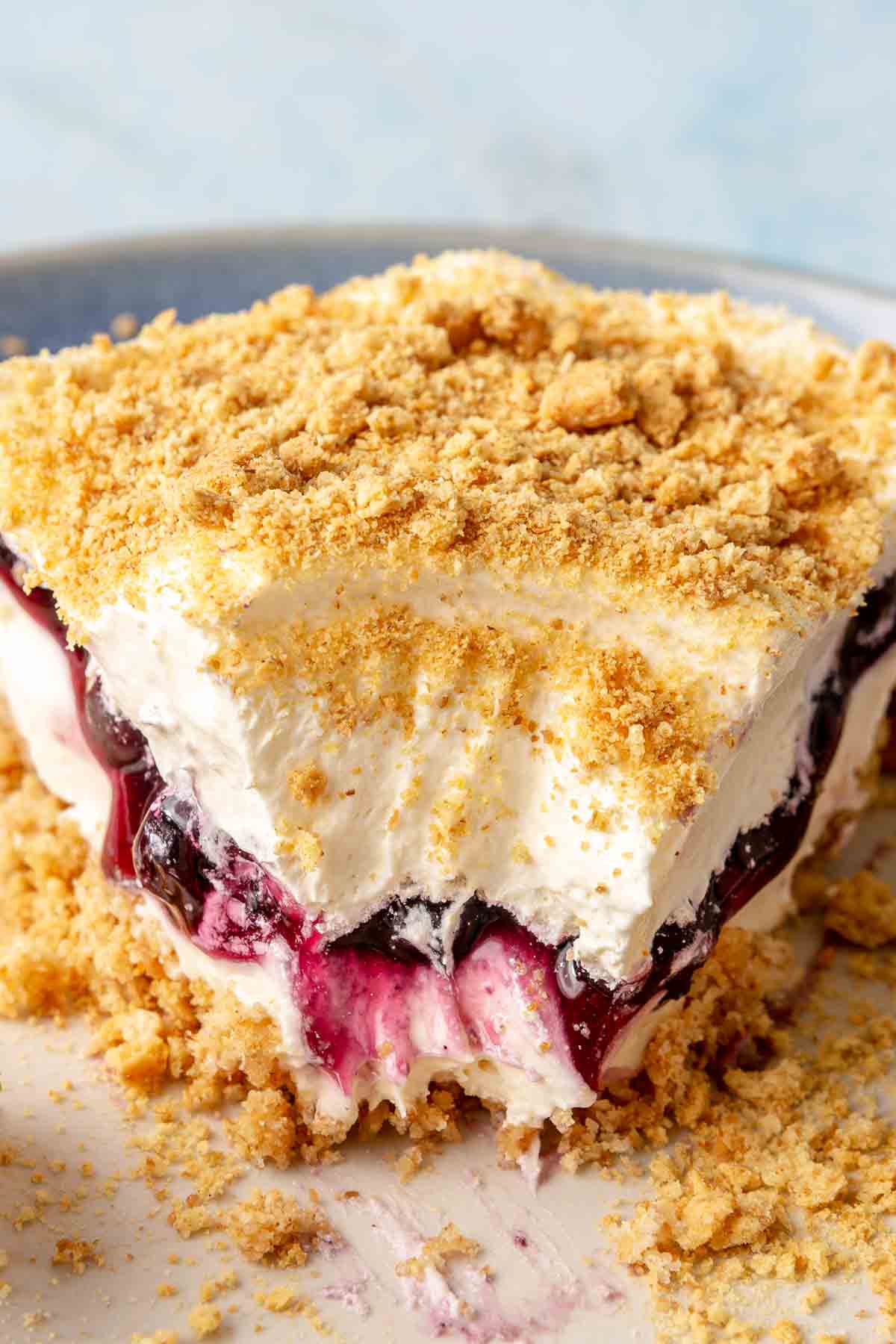 Slice of blueberry yum yum that has a bite taken.