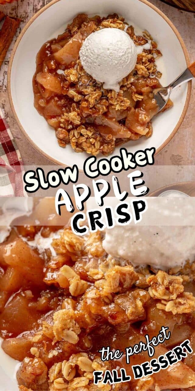 Pinterest image for slow cooker apple crisp.