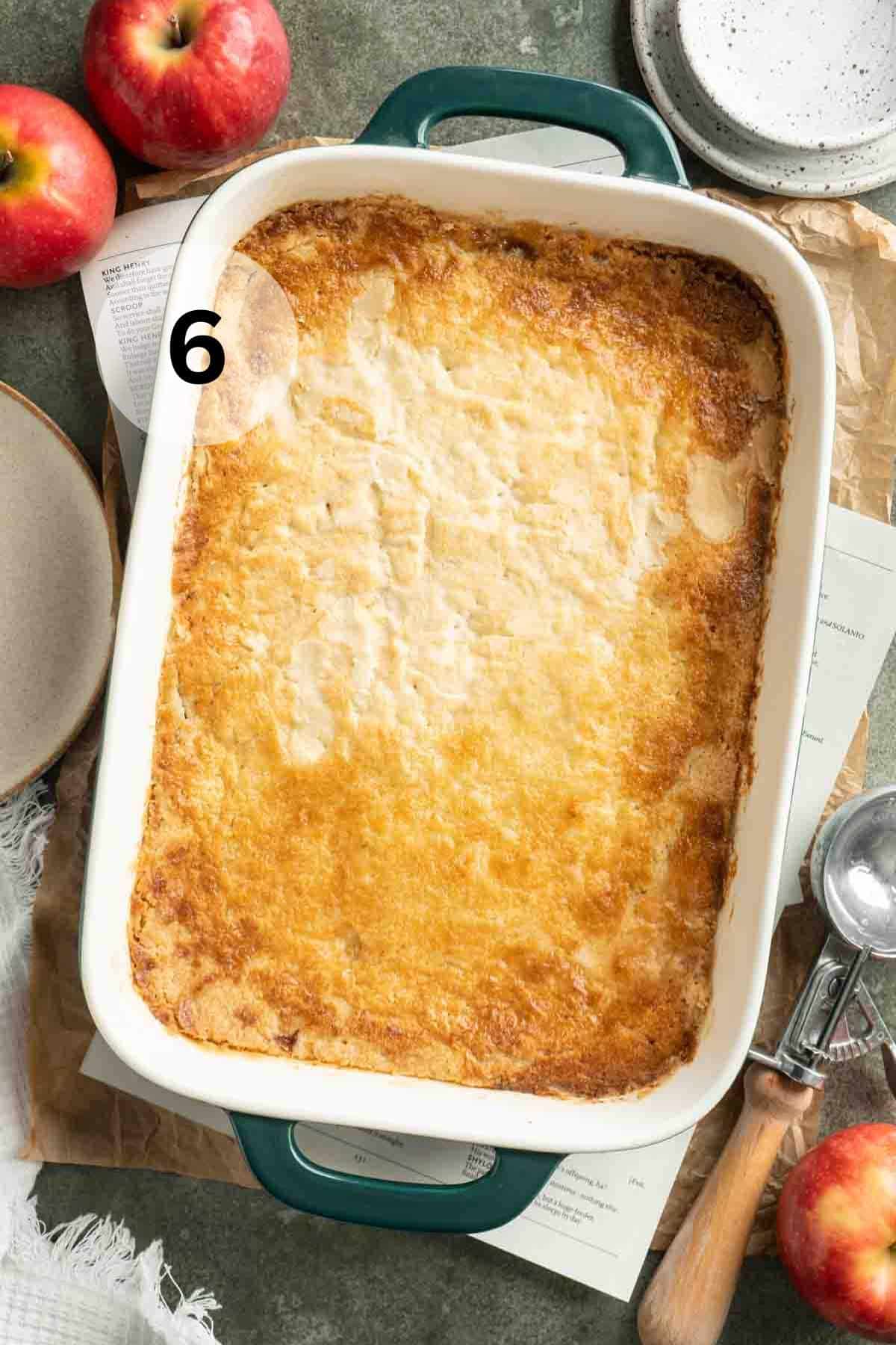 Baked apple dump cake in a baking dish.