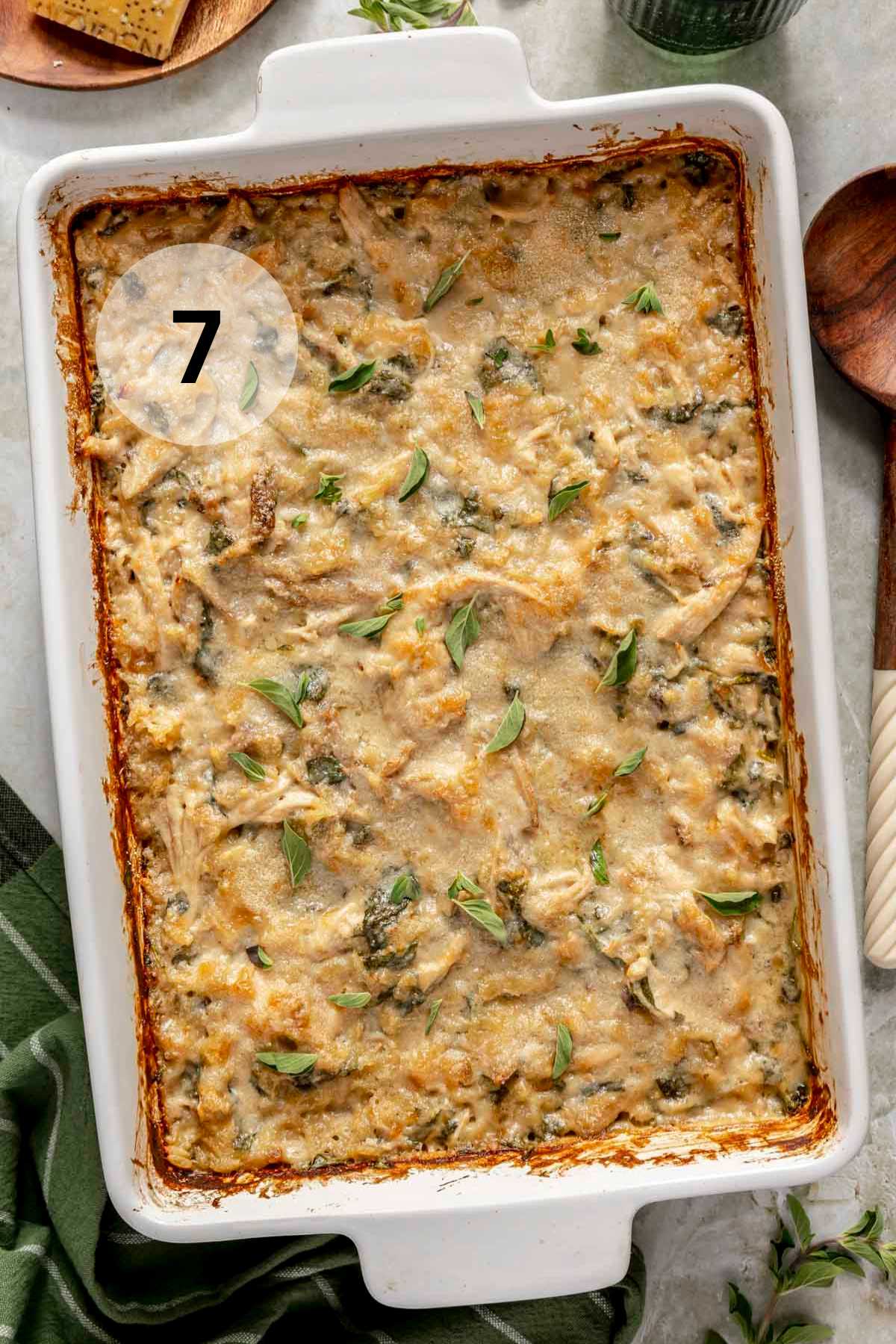 One pan chicken orzo bake in a dish.