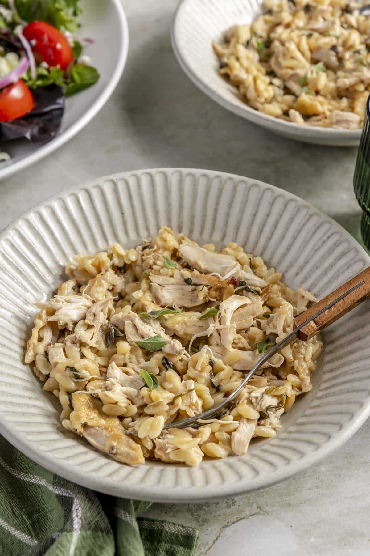 Serving of chicken and orzo in a bowl with a fork.