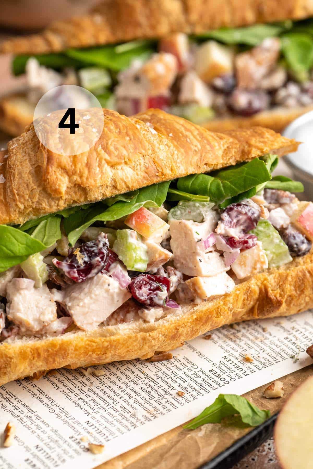 Apple chicken salad served on a croissant.