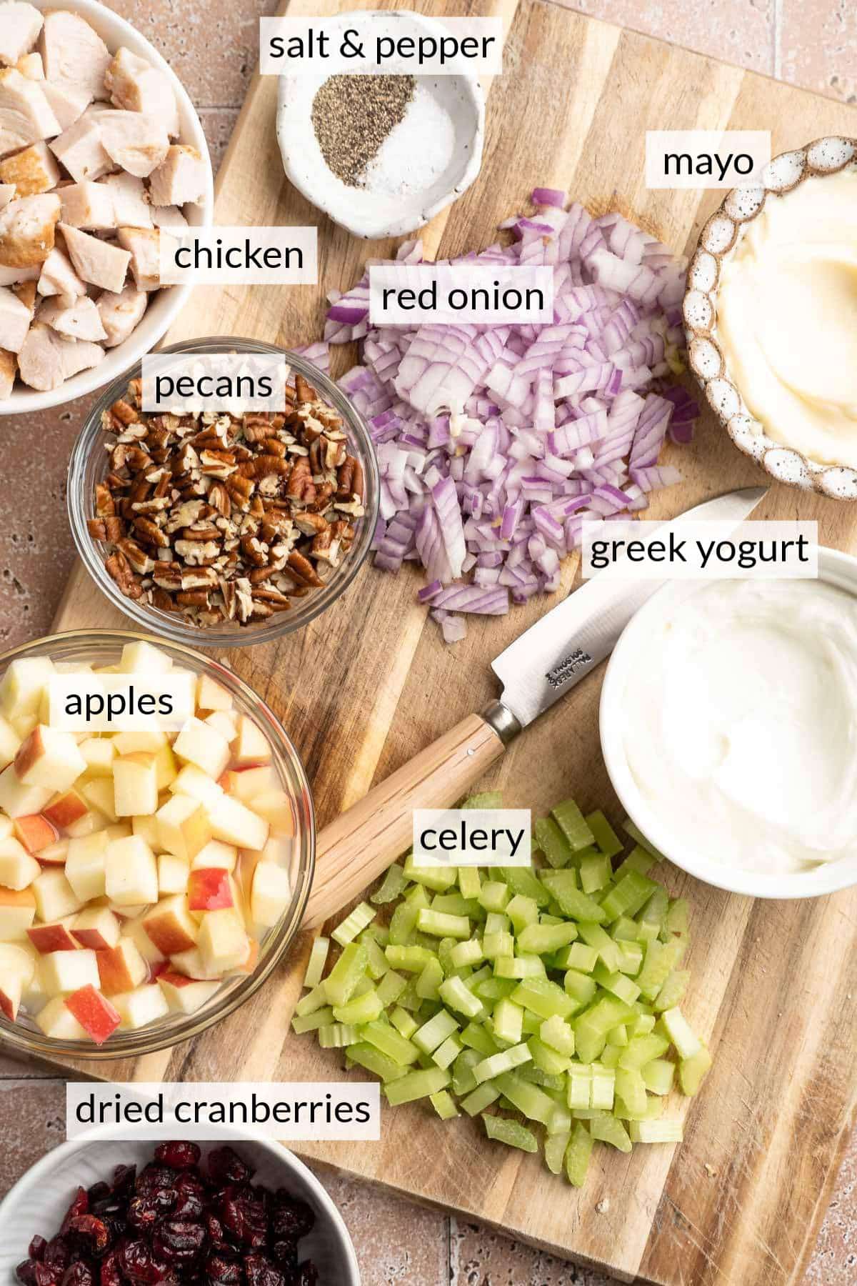 Bowl of cubed chicken near a bowl of chopped apples, diced celery, mayo, greek yogurt and pecans.