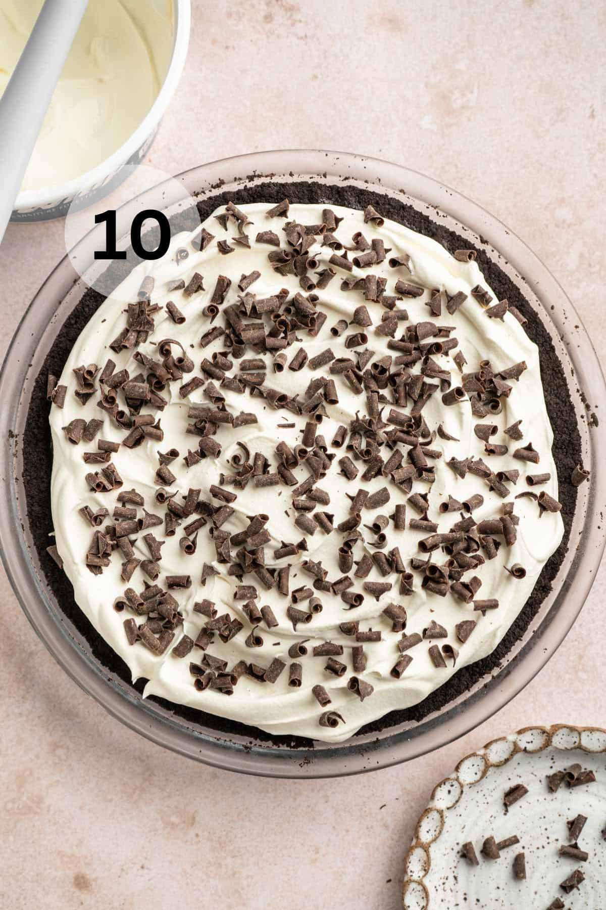 Mississippi mud pie topped with chocolate shavings.