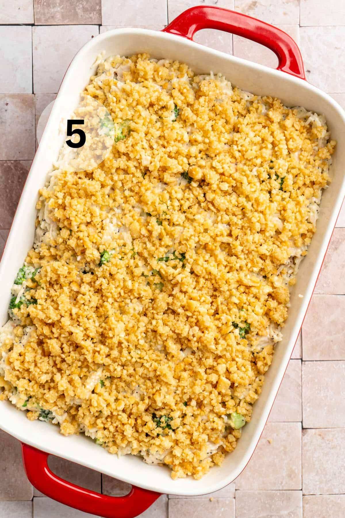 Ritz crackers sprinkled over the top of a casserole.