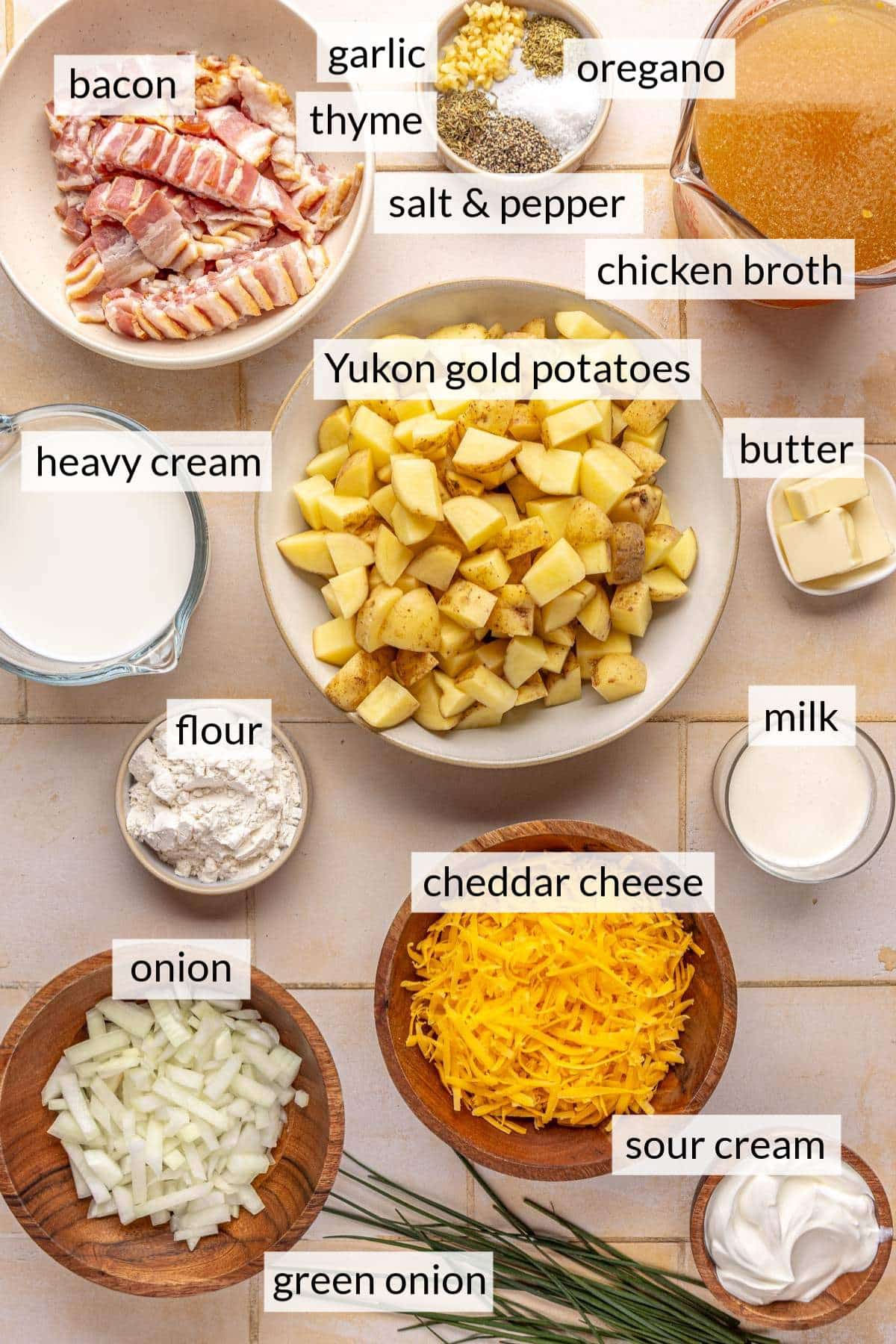 Bowls with chopped potatoes, grated cheese, chopped onion, sour cream, milk and flour.