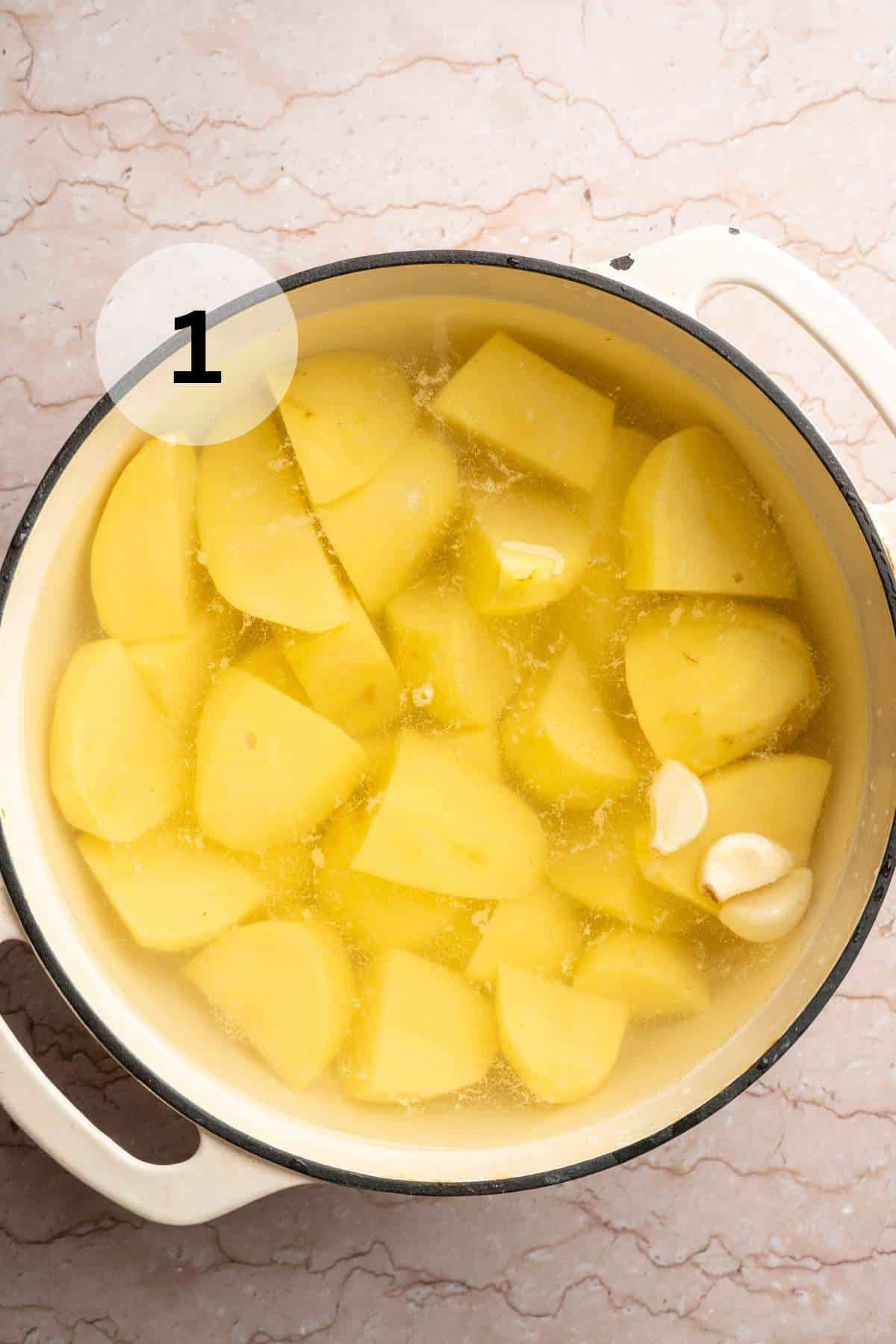 Cubed potatoes in a pot of water.