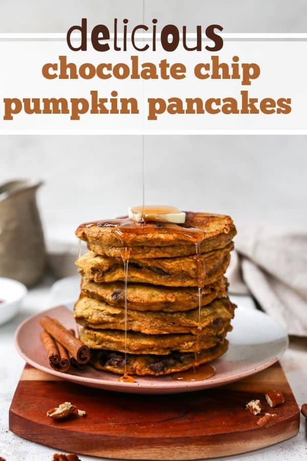 stack of pumpkin pancakes with chocolate chips