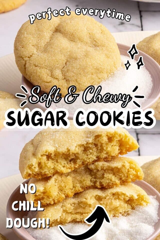 Pinterest image for sugar cookies recipe, showing sugar cookies in half stacked.