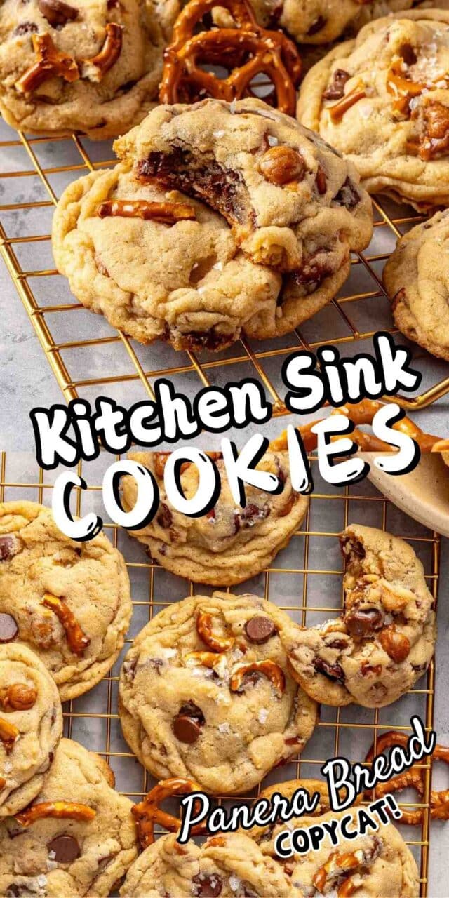 Kitchen sink cookies on a cooling rack with mini pretzels.