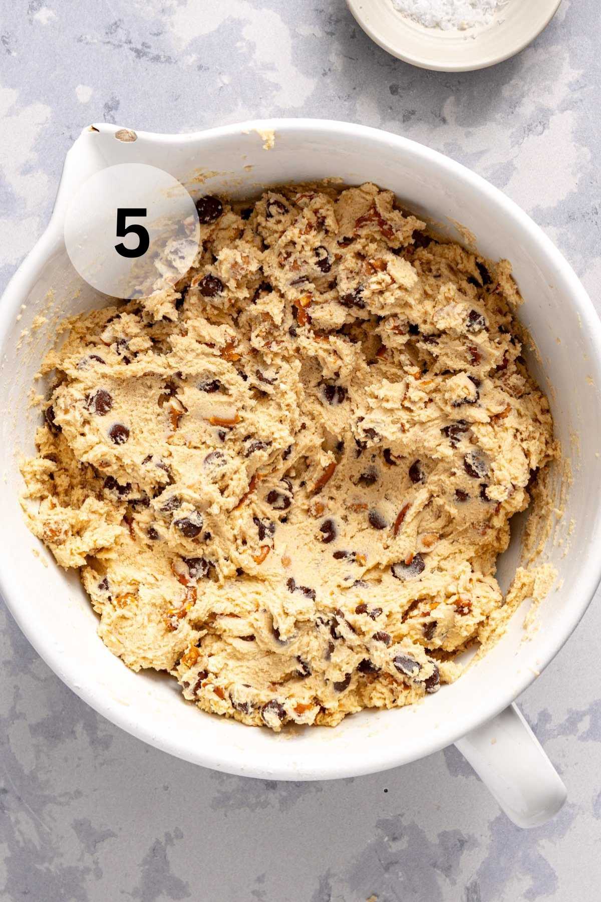 Cookie dough batter with pretzel pieces, caramel bits and chocolate chips.