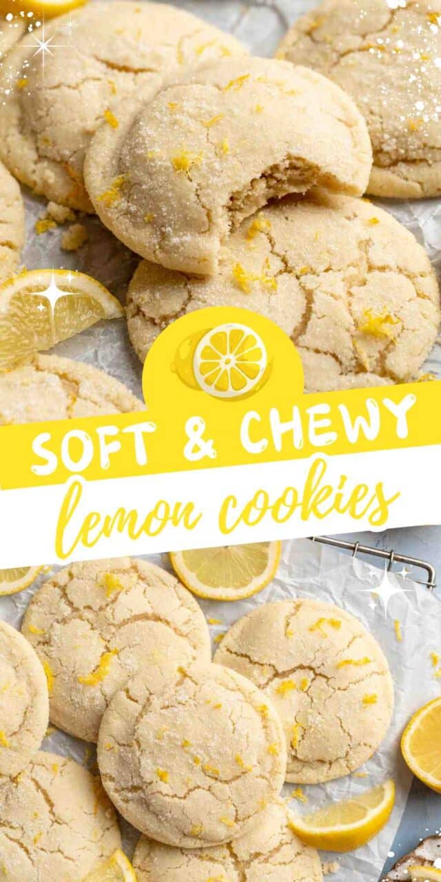 Lemon cookies stacked on parchment with a bite taken out of one.
