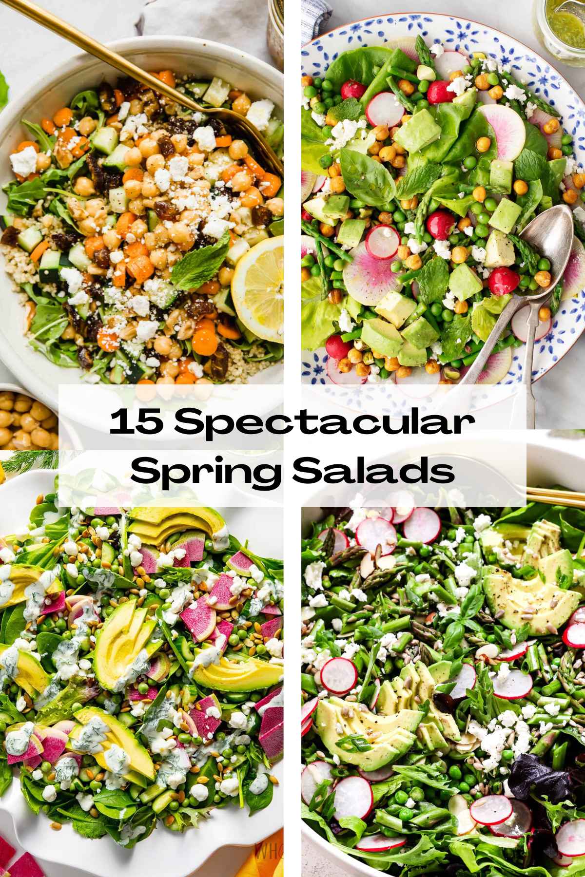 Collage of spring salads that include ingredients like carrots, peas, asparagus, and avocado.