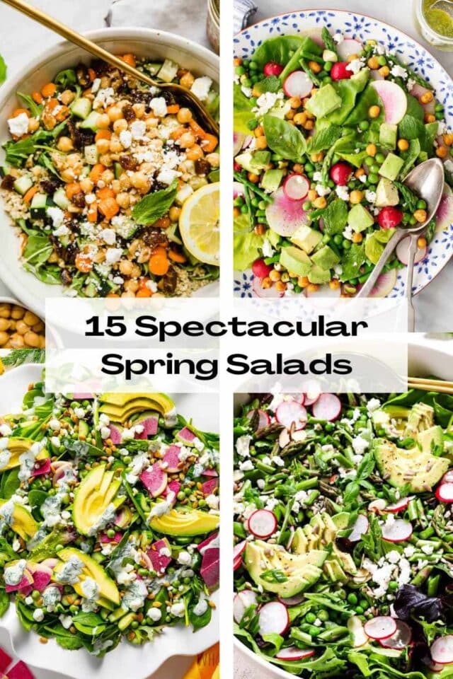 Collage of spring salads that include ingredients like carrots, peas, asparagus, and avocado.