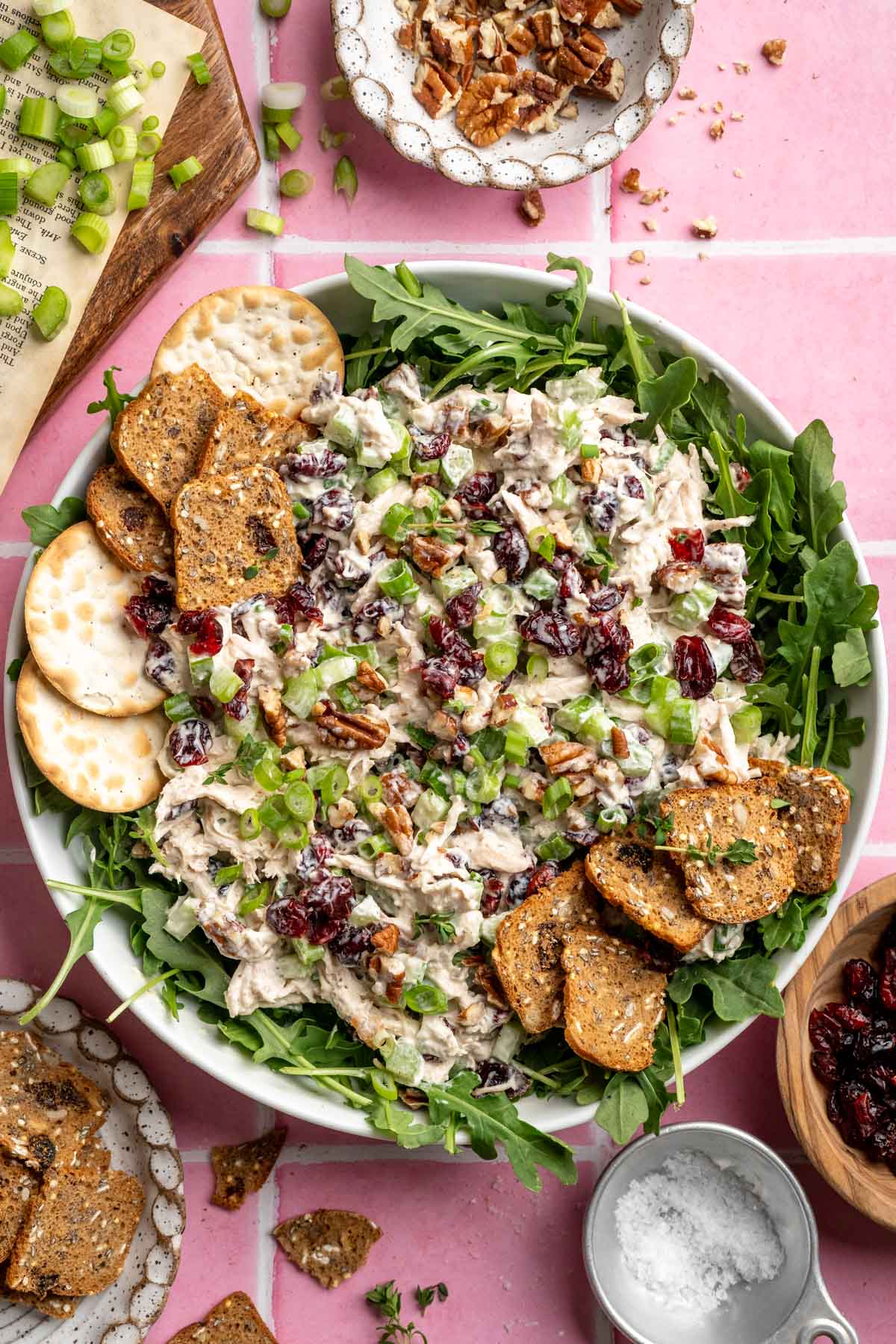 Cranberry chicken salad served in a bowl with crackers.
