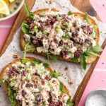 Cranberry chicken salad served on slices of bread.