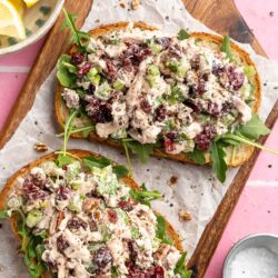 Cranberry chicken salad served on slices of bread.