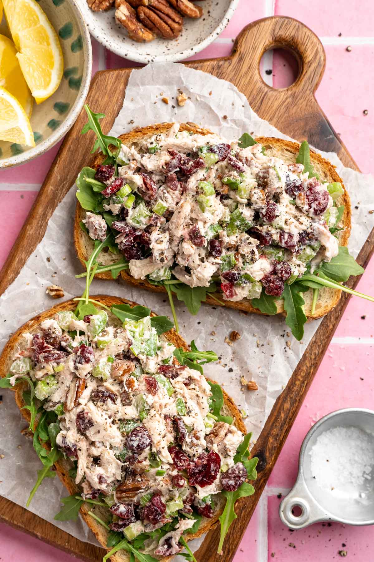 Cranberry chicken salad served on slices of bread.