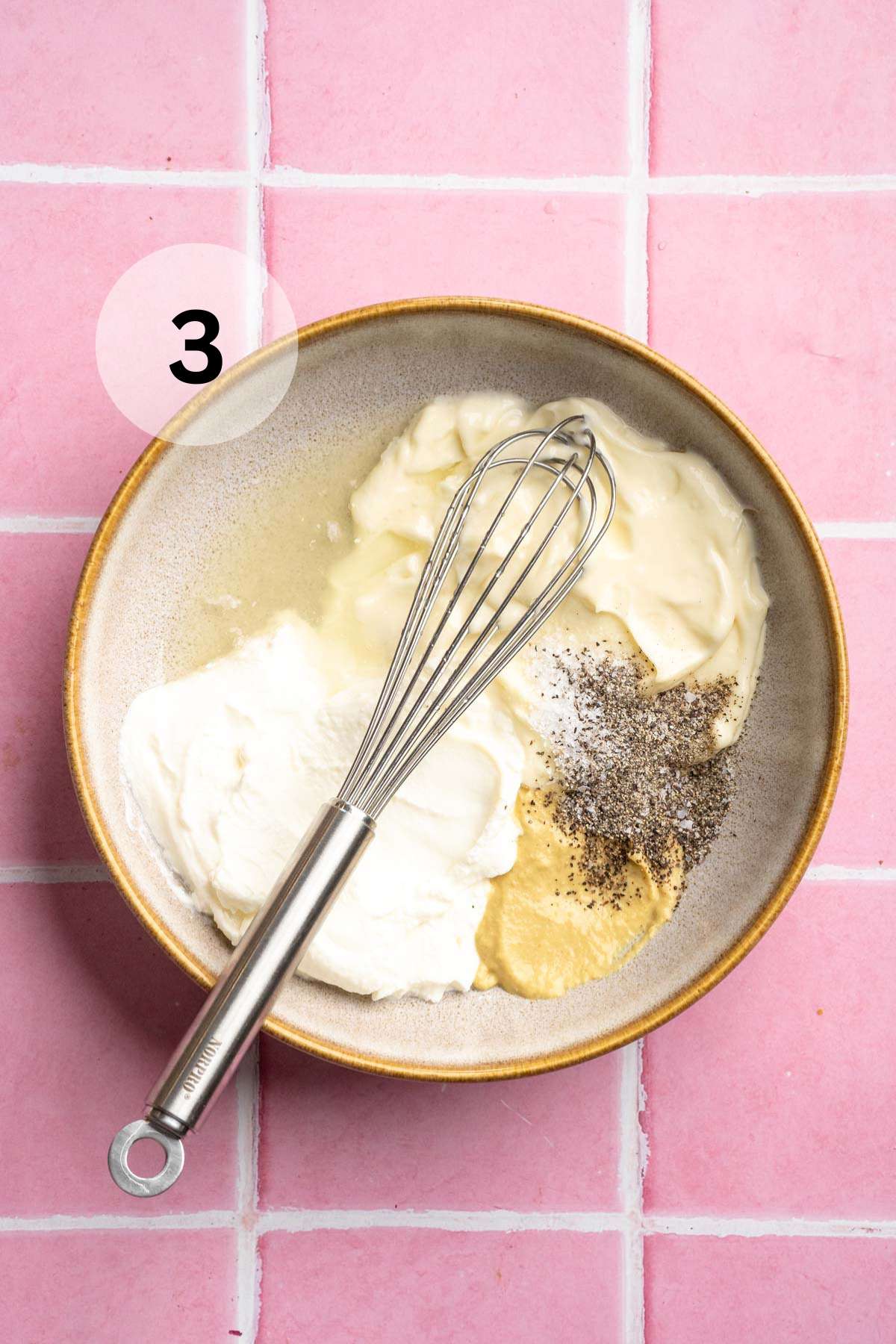 Mayo, Greek yogurt, Dijon Mustard, lemon juice, salt and pepper in a small bowl.