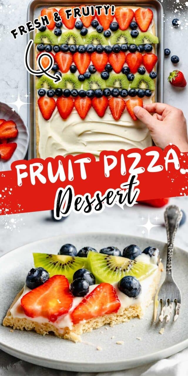 Fruit pizza dessert topped with sliced fruit.
