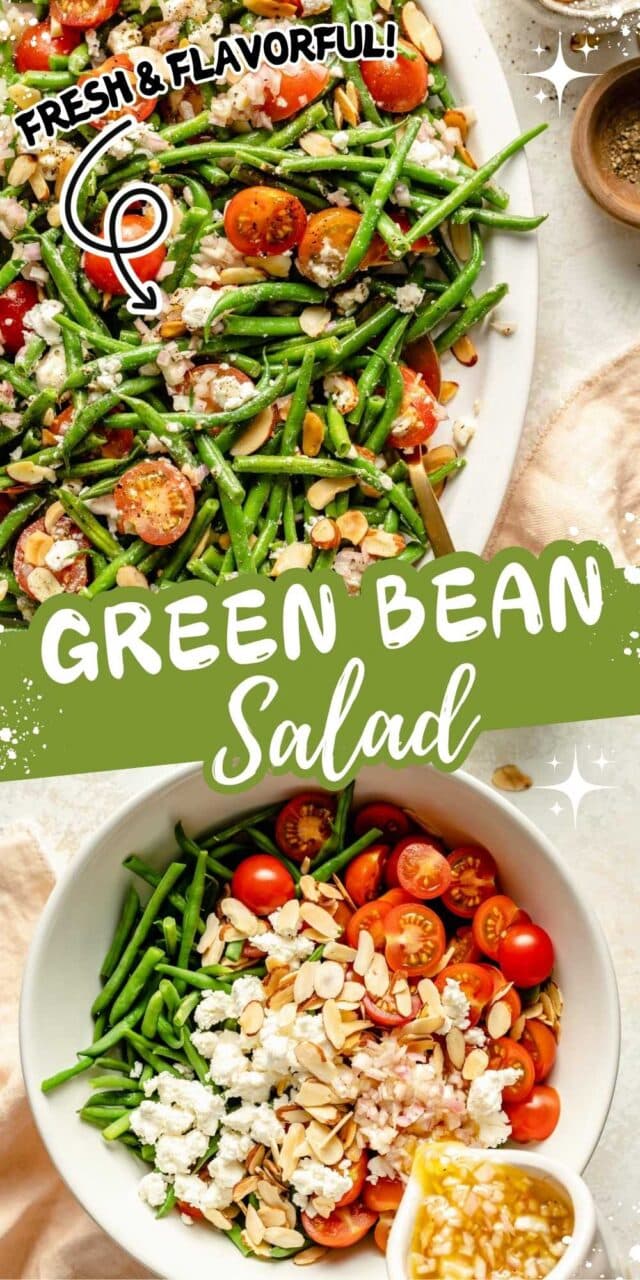 Fresh green bean salad made with tomatoes, almonds, and feta.
