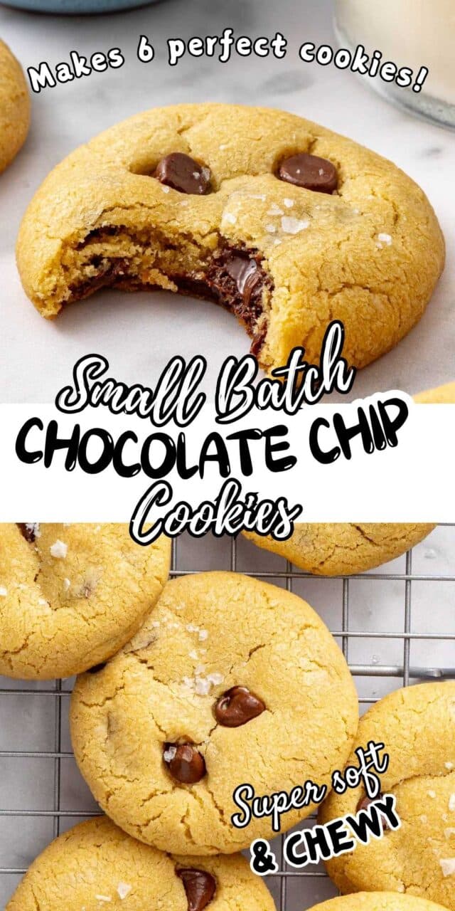 Small batch chocolate chip cookies on a wire rack and one with a bite taken out.