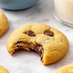 One thick chocolate chip cookie with a bite taken out.
