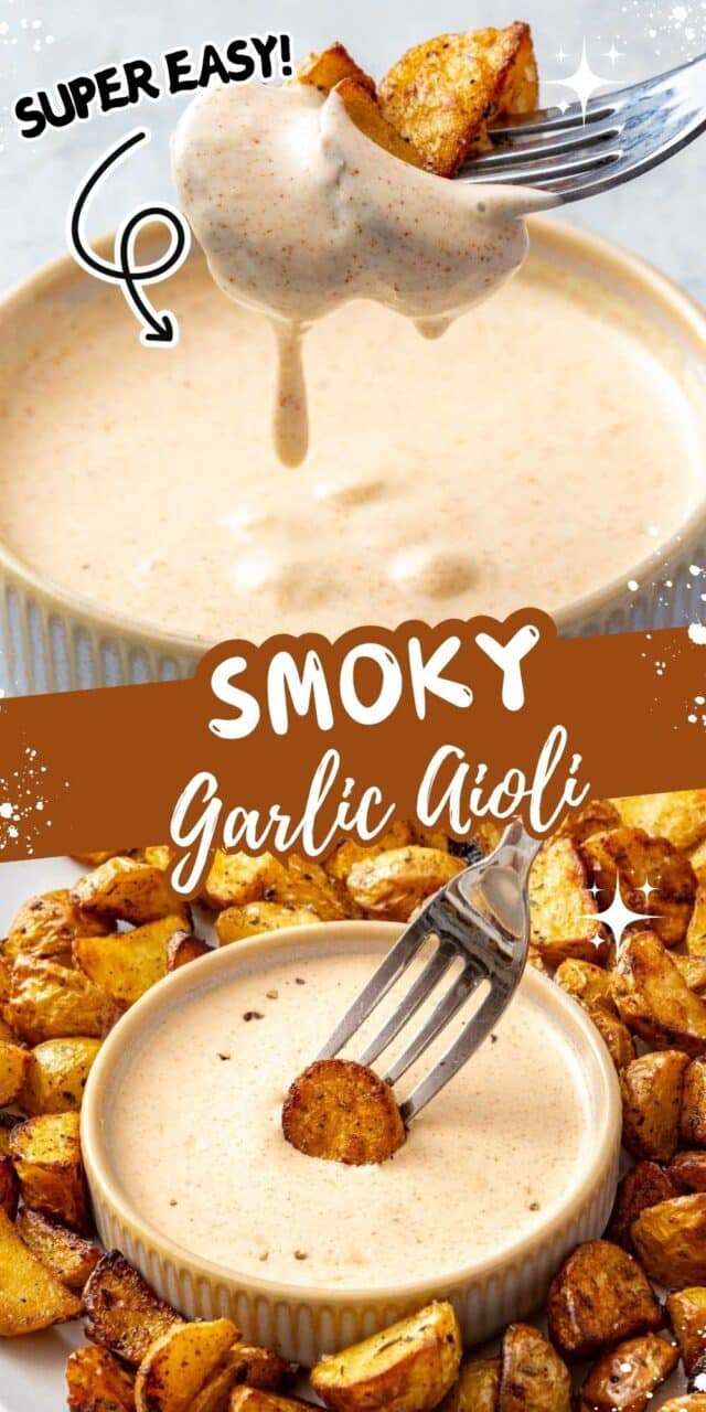 Using a fork to dip roasted potatoes into a garlic mayo sauce in a small bowl.