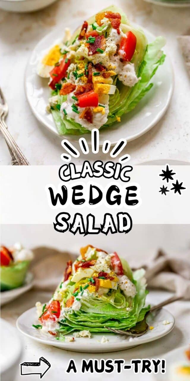Classic wedge salad served on a white plate topped with bacon, tomatoes and dressing.