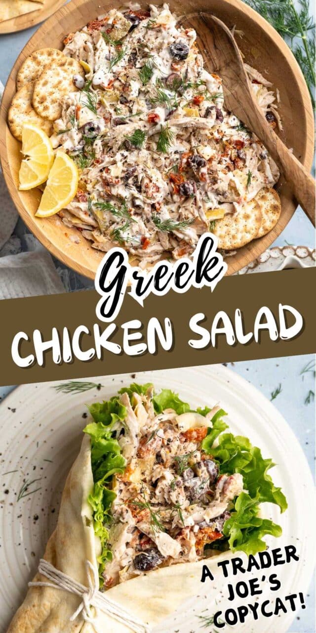 Greek chicken salad served in a bowl and a wrap.