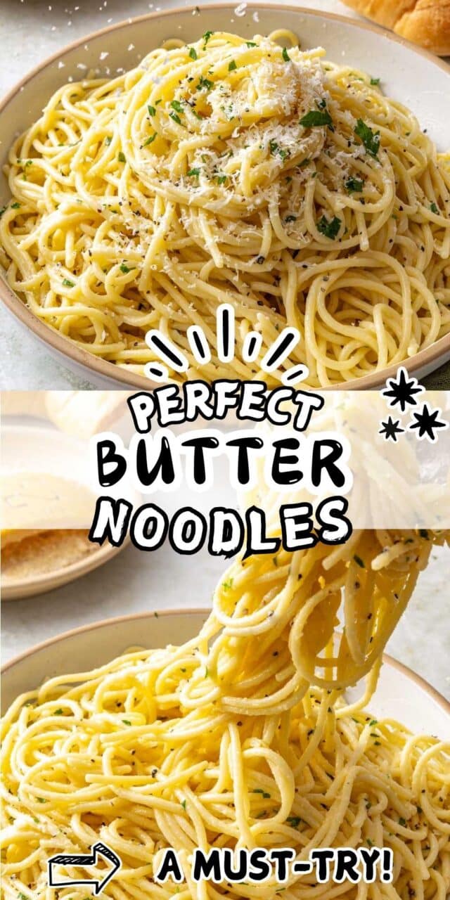 Serving and sprinkling parmesan cheese over buttery spaghetti noodles.