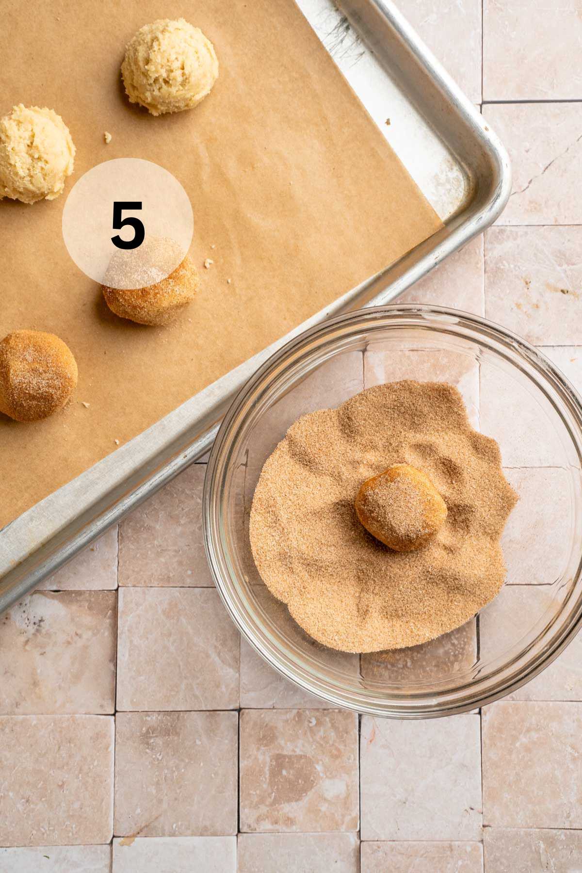 Rolling balls of dough in cinnamon and sugar mixture.