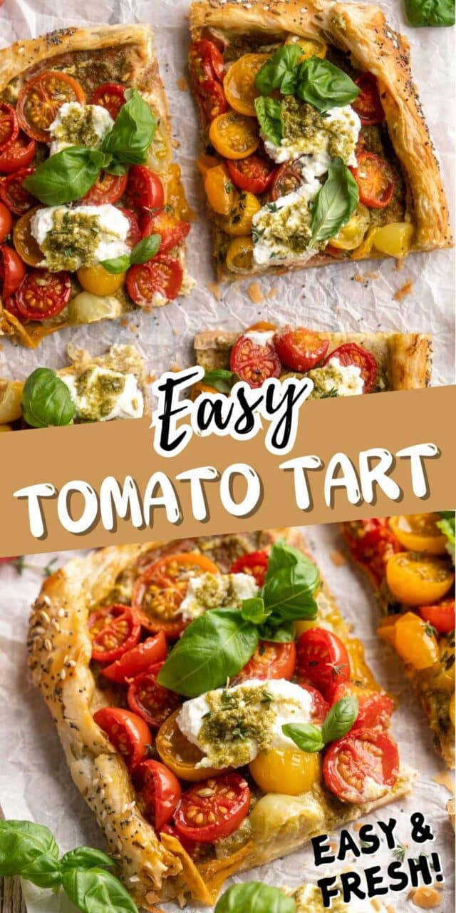 Baked tomato tart topped with ricotta and pesto.