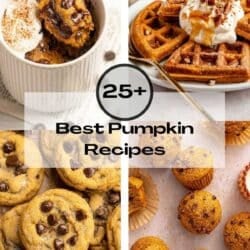 Collage of pumpkin recipes; including pumpkin mug cake, pumpkin waffles, cookies and muffins.